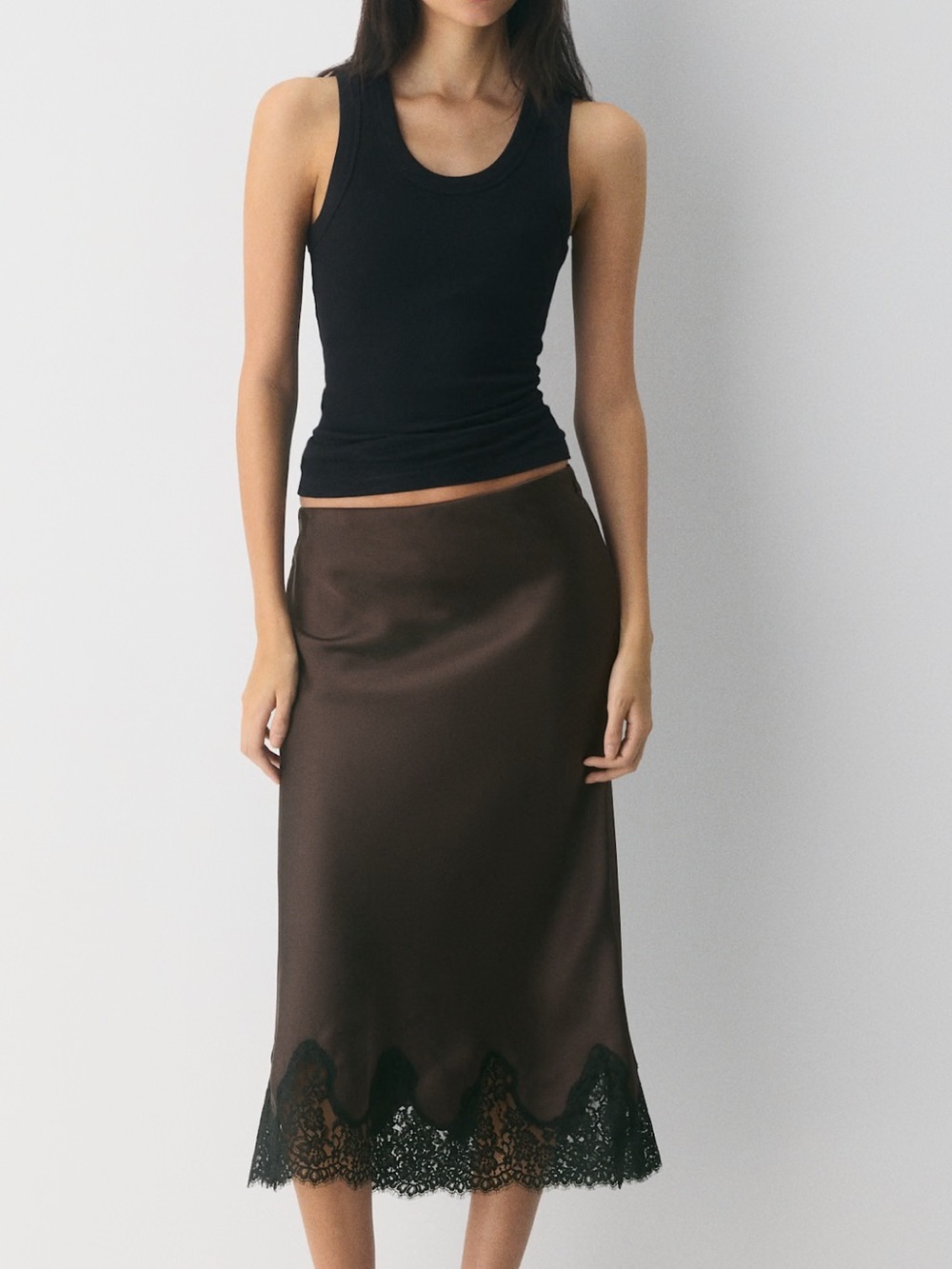 Aritzia Chocolate Brown Satin Midi Skirt with Lace Trim